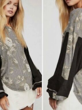 Free People waffle thermal floral balloon sleeve blouse, size M